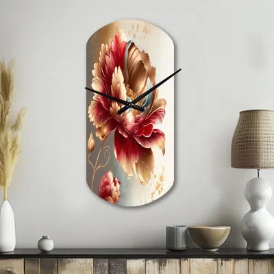 Design Art Bold Red Floral Design I - Floral Asymmetrical Metal Clock, Red Cylinder Wall Clock Print In Red;gold