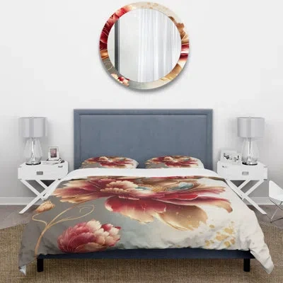 Design Art Bold Red Floral Design I - Floral Duvet Cover Set - Microfiber Polyester In Red;gold
