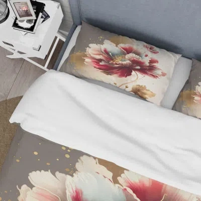 Design Art Bold Red Floral Design Ii - Floral Duvet Cover Set - Microfiber Polyester In Gray;red;gold