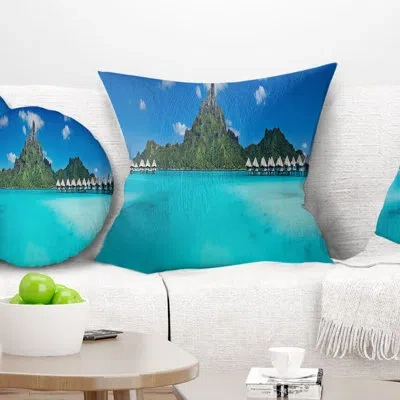 Design Art Bora Bora Panorama Beach - Sea & Shore Printed Pillow In Blue;green