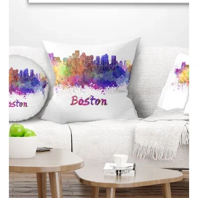 Design Art Boston Skyline - Cityscape Printed Pillow In Yellow;purple