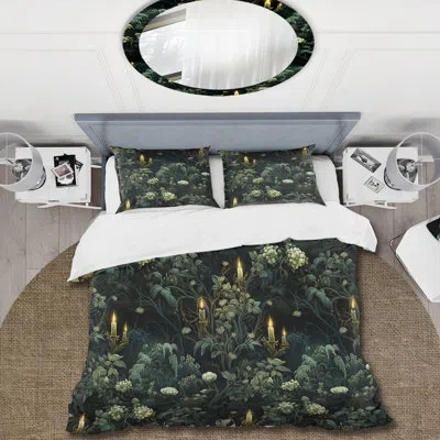 Design Art Botanical Duvet Cover Set, Dark Moody Pattern Bedding - Haunted Nocturne Moody Patterns In Green
