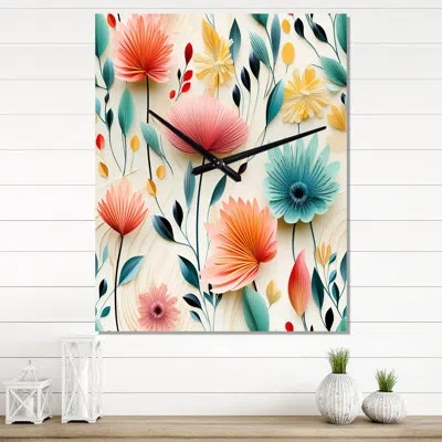 Design Art Botanical Pastel Color Flowers Composition I - Bohemian & Eclectic Wall Clock In Blue;pink