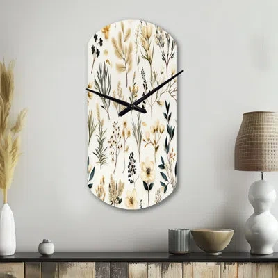 Design Art Botanical Sketched Vii - Plants Asymmetrical Metal Wall Clock, Beige Cylinder Clock Print In Blue;beige