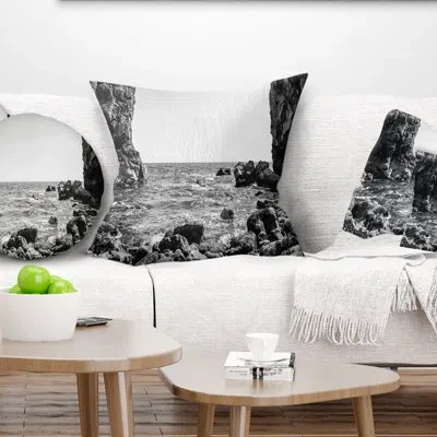 Design Art Bottom Cliffs In Dorset England - Sea & Shore Printed Pillow In Black;white
