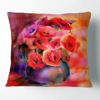 Design Art Bouquet Of Cute Poppies In Vase - Floral Printed Pillow In Red