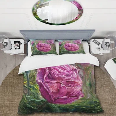 Design Art Bouquet Of Pink Peonies - Traditional Duvet Cover Set - Microfiber Polyester In Pink,green