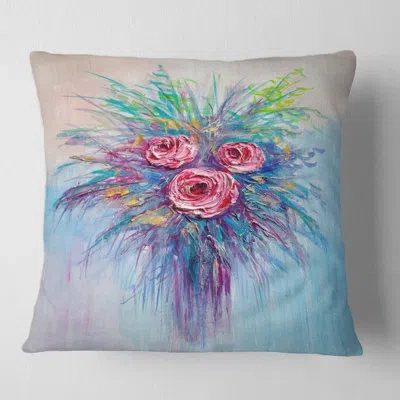 Design Art Bouquet Of Red Roses On Blue - Traditional Printed Pillow