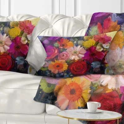 Design Art Bouquet Of Rose Daisy And Gerbera - Floral Printed Throw Pillow In Purple
