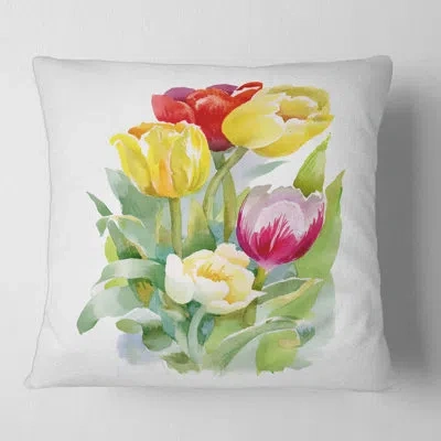 Design Art Bouquet Of White And Red Tulips - Traditional Printed Throw Pillow In Green