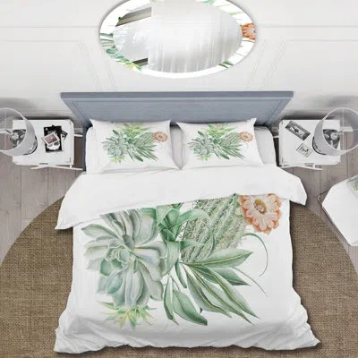 Design Art Bouquet With Cactus And Succulents - Traditional Duvet Cover Set - Microfiber Polyester In Green