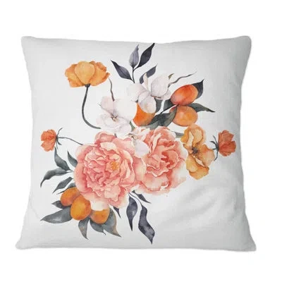 Design Art Bouquet With Citrus Lemon And Tangerine I - Traditional Printed Throw Pillow In Red