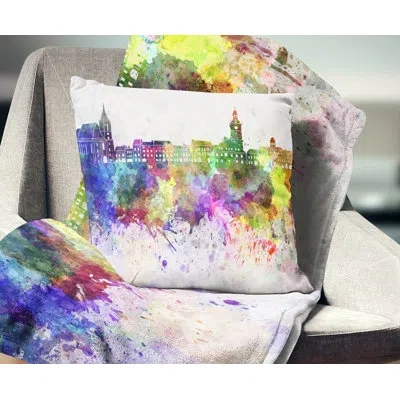 Design Art Brasov Skyline - Cityscape Printed Pillow In Yellow;purple