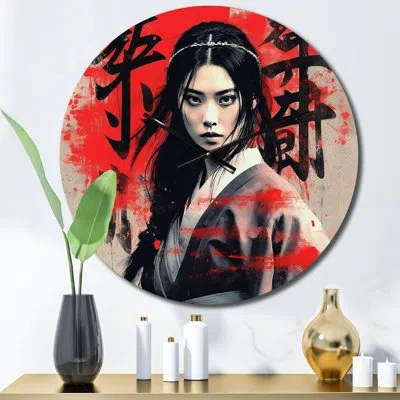 Design Art Brave Japanese Woman Warrior Vintage Collage Iii Metal Wall Clock In Black;red