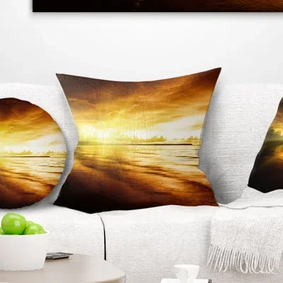 Design Art Breathtaking Yellow Caribbean Beach - Sea & Shore Printed Pillow In Red;orange