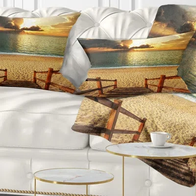 Design Art Bridge Boardwalk Stair Into Sandy Beach Lumbar Pillow