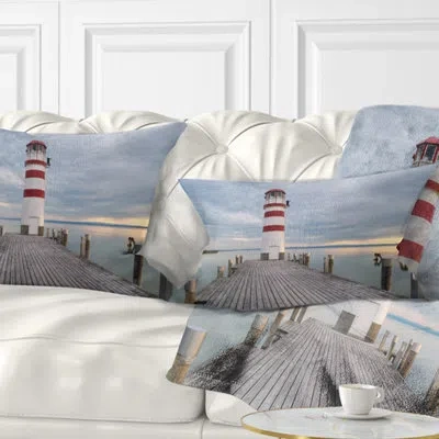 Design Art Bridge Lighthouse At Lake Neusiedl At Sunset Lumbar Pillow