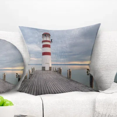 Design Art Bridge Lighthouse At Lake Neusiedl At Sunset Pillow In White
