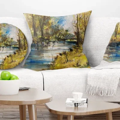 Design Art Bridge Over River Oil - Landscape Printed Pillow