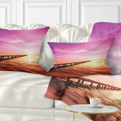 Design Art Bridge Sea And Pier Under Magenta Sky Lumbar Pillow