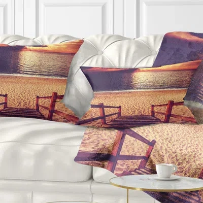 Design Art Bridge Wood Boardwalk In Beach At Evening Lumbar Pillow