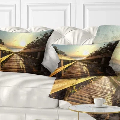 Design Art Bridge Wood Boardwalk Into The Sunset Sea Lumbar Pillow
