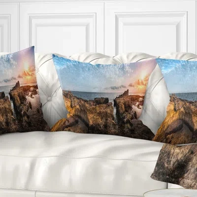 Design Art Bright African Seashore Panorama - Sea & Shore Printed Pillow In Brown;orange