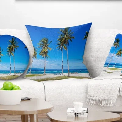 Design Art Bright And Clear Tropical Beach - Sea & Shore Printed Pillow In Blue;white