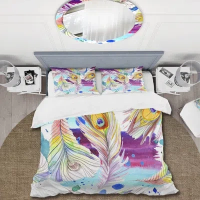 Design Art Bright And Colorful Boho Feathers I - Bohemian Duvet Cover Set - Microfiber Polyester In Blue;white;purple