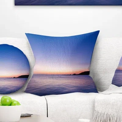 Design Art Bright Blue Sky And Waters At Sunset - Sea & Shore Printed Throw Pillow In Blue;orange