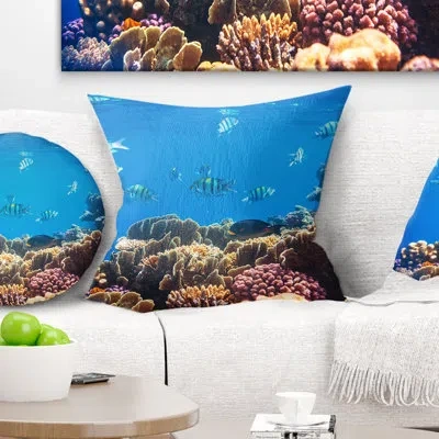 Design Art Bright Blue Waters And Coral Fish - Sea & Shore Printed Throw Pillow In Red