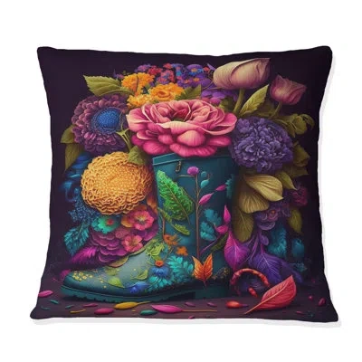 Design Art Bright Floral Bouquet In Farm Boots Iii - Fashion Printed Throw Pillow In Green;pink