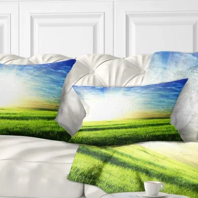 Design Art Bright Green Field At Sunrise - Landscape Printed Throw Pillow
