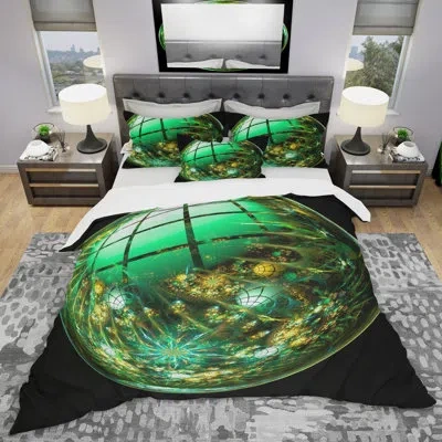 Design Art Bright Green Fractal Sphere - Abstract Duvet Cover Set - Microfiber Polyester