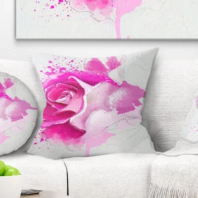 Design Art Bright Pink Rose Flower Watercolor - Floral Printed Throw Pillow