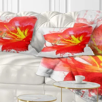 Design Art Bright Red Lily Art - Floral Printed Throw Pillow