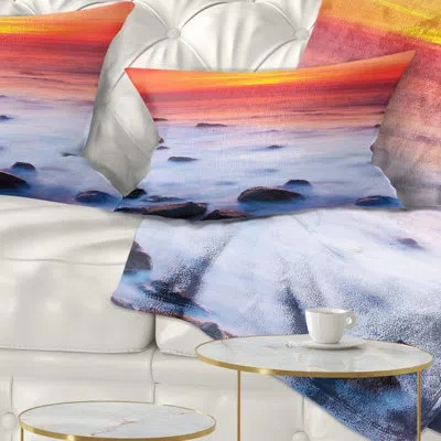 Design Art Bright Red Rocky Coast Sunset - Sea & Shore Printed Throw Pillow