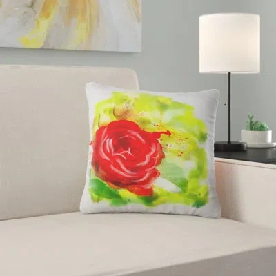 Design Art Bright Red Rose On Light Green - Floral Printed Pillow In Green;red
