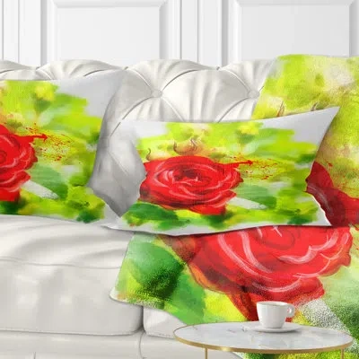 Design Art Bright Red Rose On Light Green - Floral Printed Throw Pillow In Green;red
