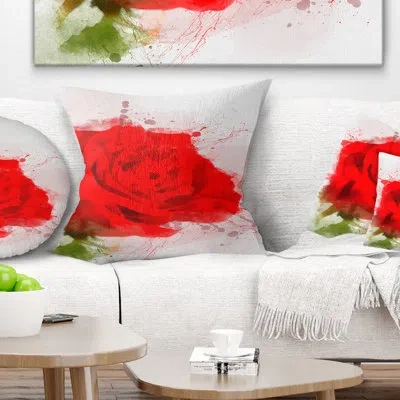 Design Art Bright Red Watercolor Rose Sketch - Floral Printed Pillow