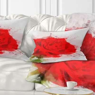 Design Art Bright Red Watercolor Rose Sketch - Floral Printed Throw Pillow