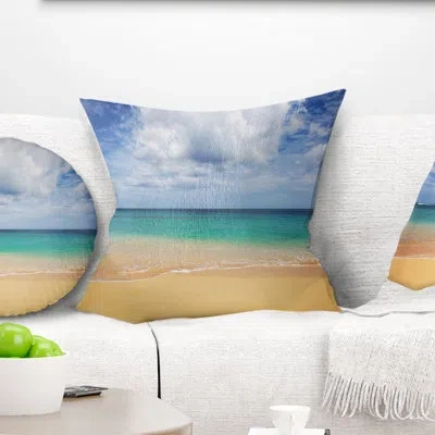 Design Art Bright Seashore With Heavy Clouds - Sea & Shore Printed Throw Pillow In Blue;black;brown;green;red;yellow