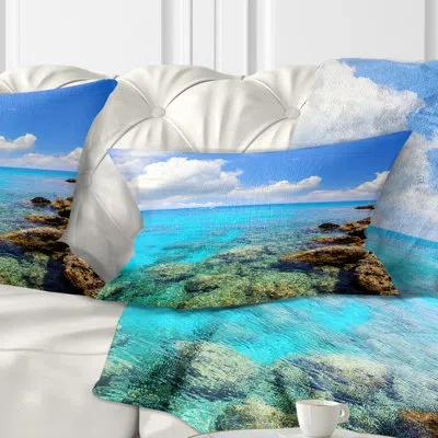 Design Art Bright Summer Day In Sea - Sea & Shore Printed Throw Pillow In Blue