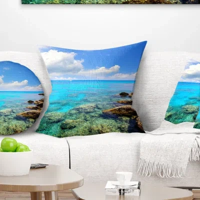 Design Art Bright Summer Day In Sea - Sea & Shore Printed Throw Pillow In Blue