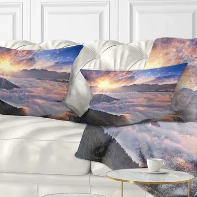 Design Art Bright Sun In Misty Mountains - Landscape Printed Throw Pillow In Blue