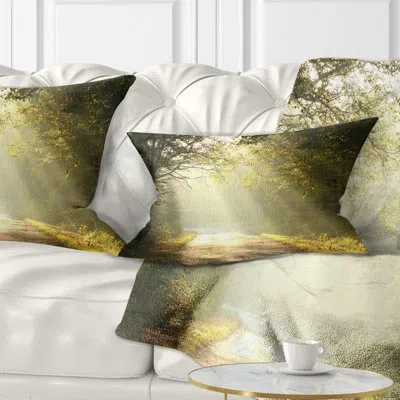 Design Art Bright Sunbeams To Fall Forest Landscape Photography Lumbar Pillow In Green
