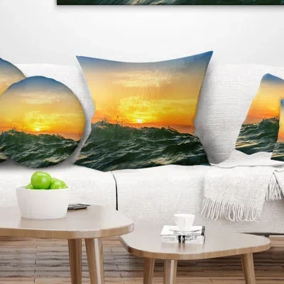 Design Art Bright Sunlight And Glowing Waves - Sea & Shore Printed Pillow In Blue;orange