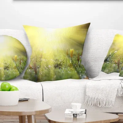 Design Art Bright Sunset Above Spring Flowers - Landscape Printed Throw Pillow In Green