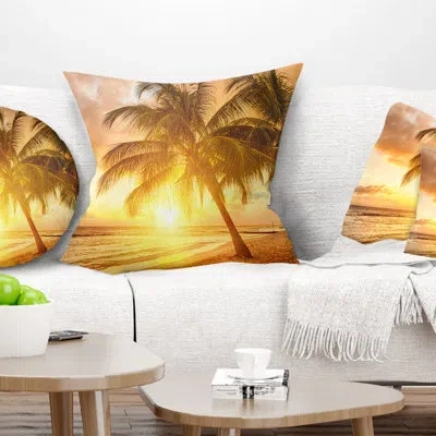 Design Art Bright Sunset At Barbados Island - Sea & Shore Printed Pillow In Blue;black;brown;green;red;yellow