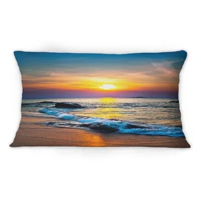 Design Art Bright Sunset Of Waves Breaking At The Shore -1 Nautical & Coastal Printed Throw Pillow